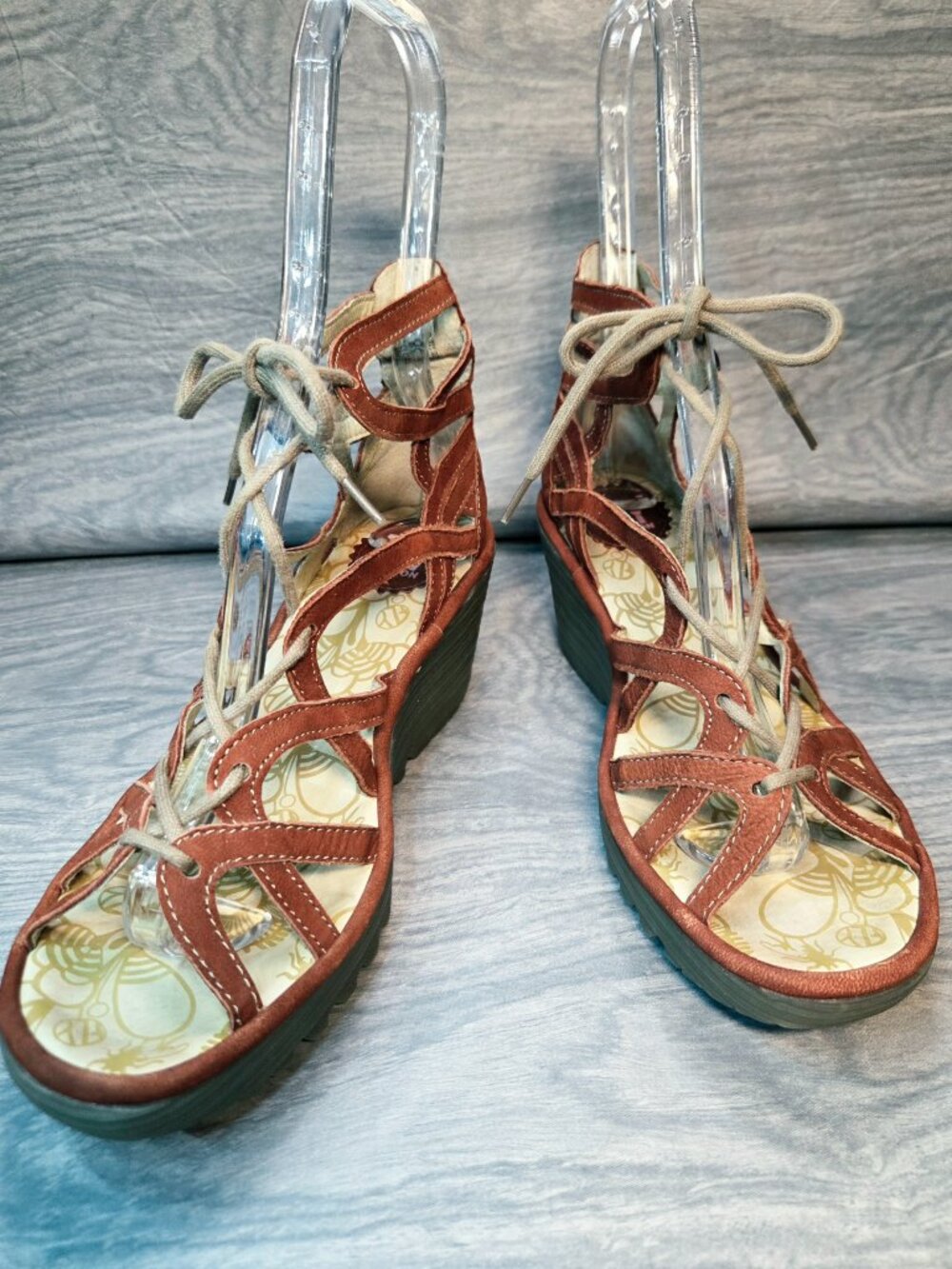 Fly London Women's 38  (US 7-7.5) Yuke Bohemian Lace-Up Wedge Sandals Rust Brown
